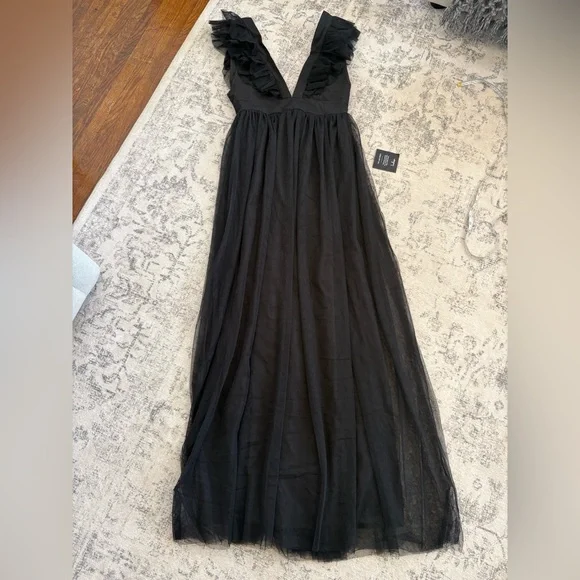 Lulus Simply Delighted Black Mesh Ruffled Backless Maxi Dress Size Medium Formal - Picture 4 of 10